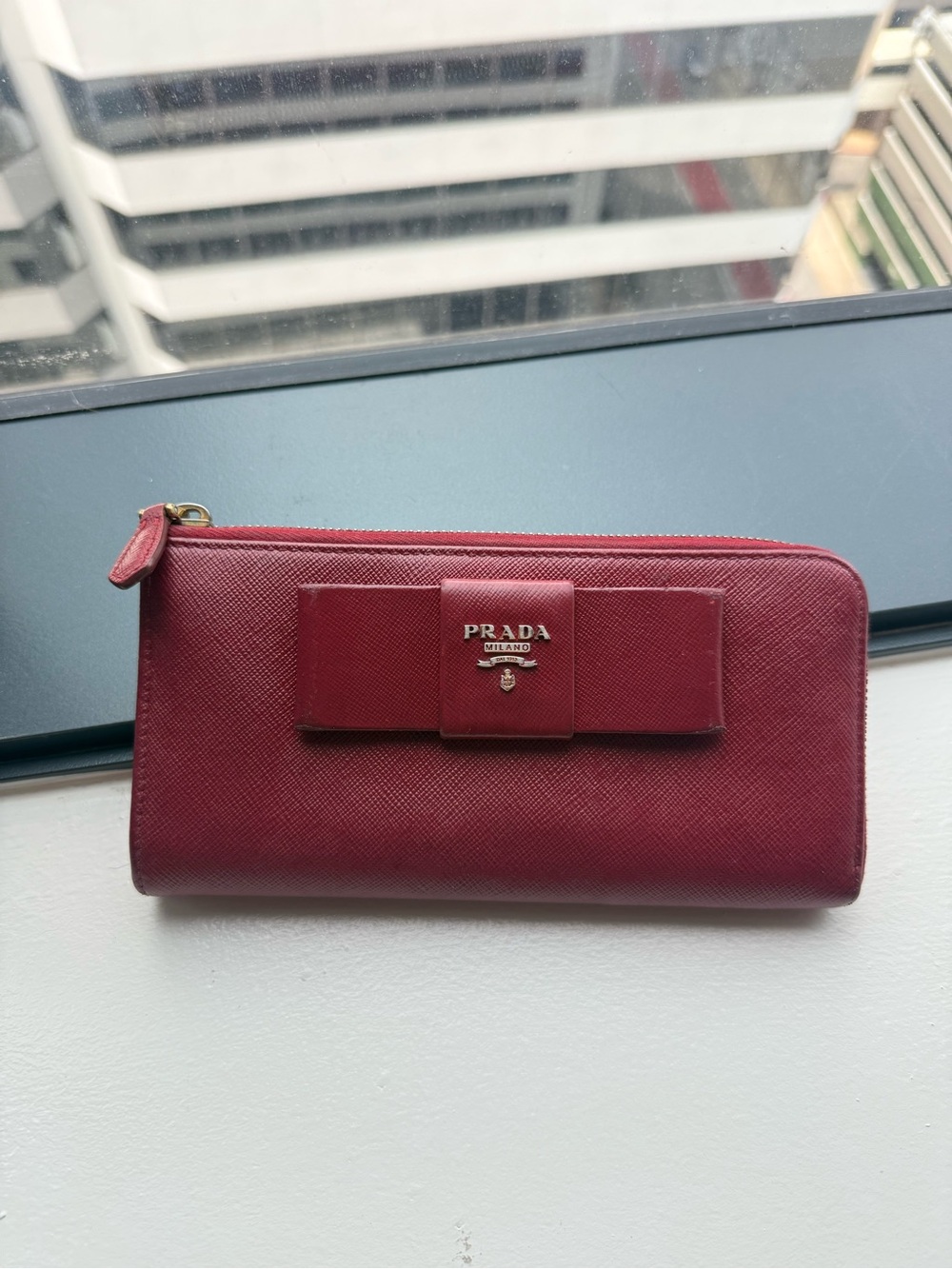 Prada Bow Zip-Around Wallet in Deep Burgundy